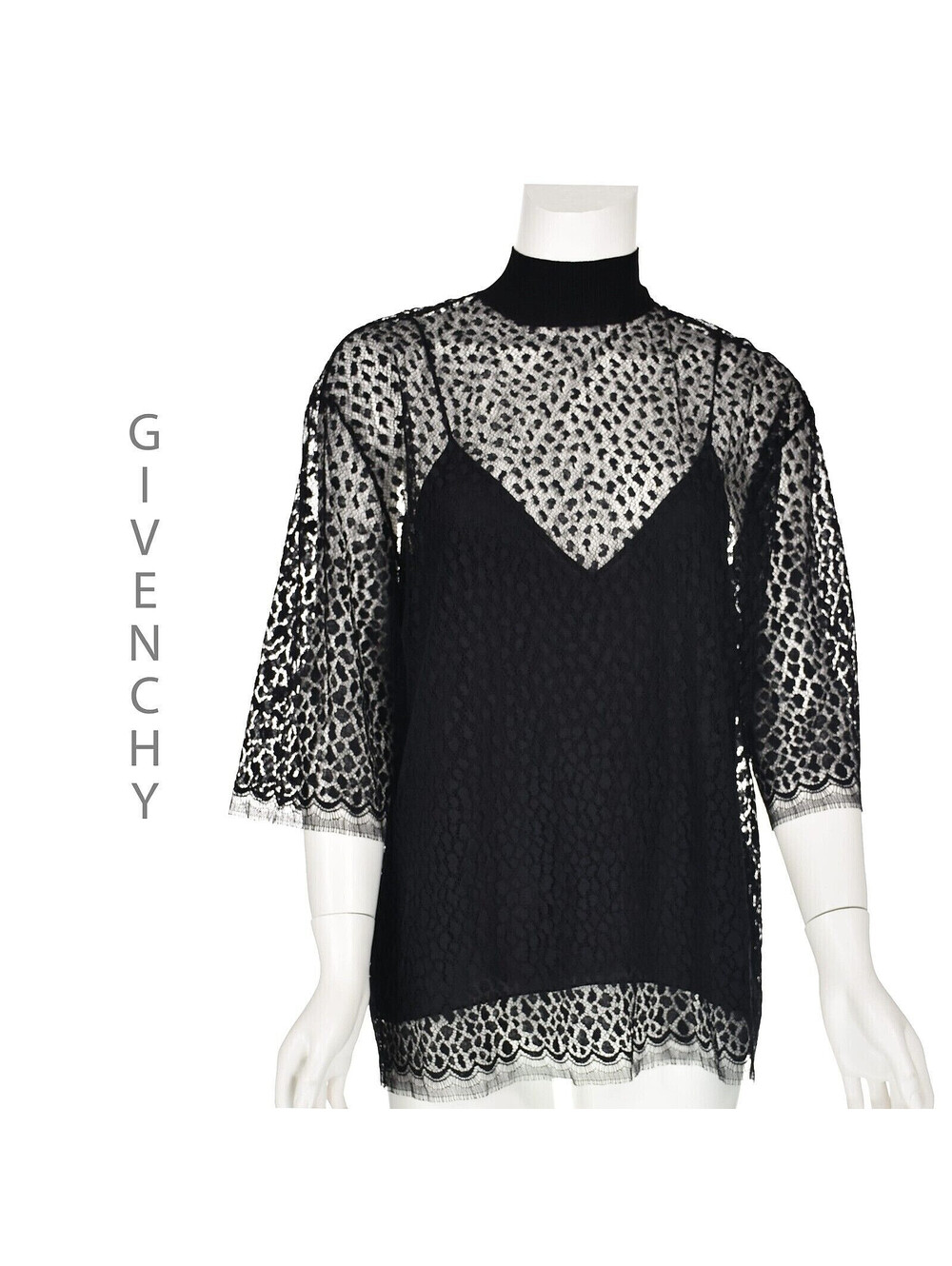 GIVENCHY Black Lace Mock Neck Blouse w Black Silk Camisole, SZ US8-10 NWOT